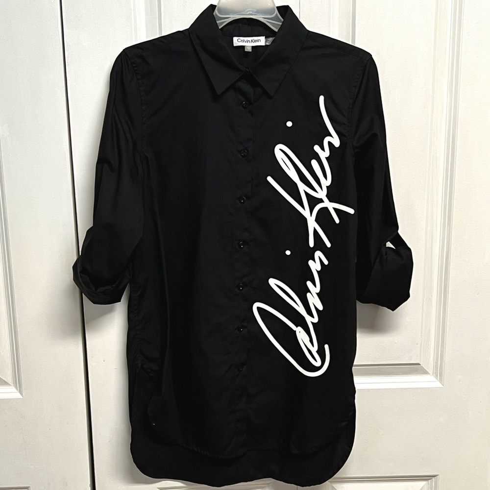 Calvin Klein Black Button-Down Tunic Top with White Logo Size XS